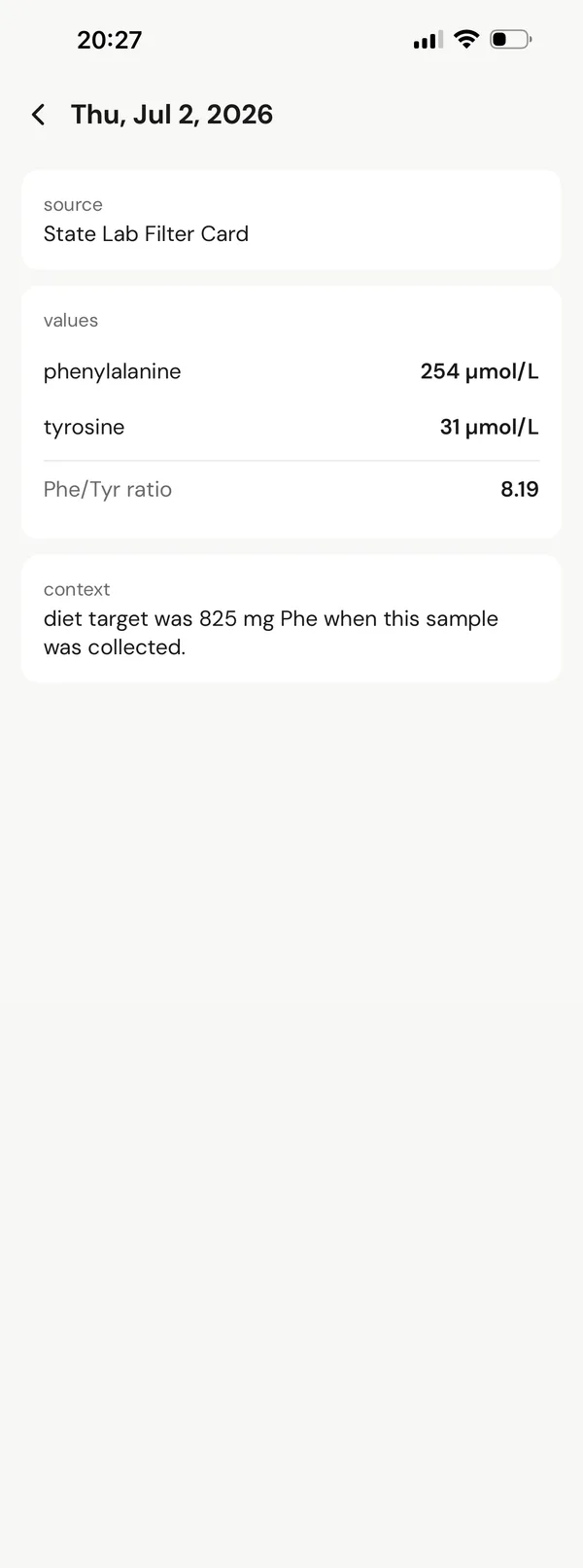 one reading in detail: phenylalanine 254, tyrosine 31, ratio 8.19, and the diet target at the time the sample was collected.