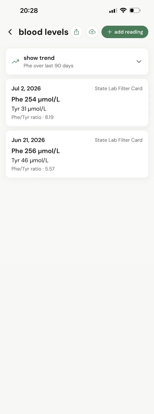 blood levels: two readings from a state lab filter card, each with phe, tyr and the ratio.
