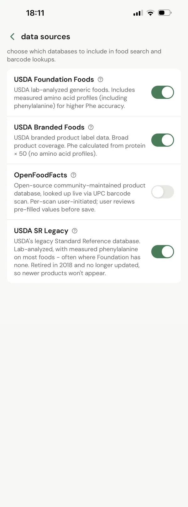 data sources: four food databases, each with a switch and a plain description of how its phenylalanine is known.