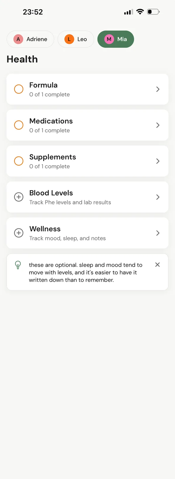 the health tab for one child: formula, medications and supplements, each showing how many of today's doses are done, then blood levels and wellness.