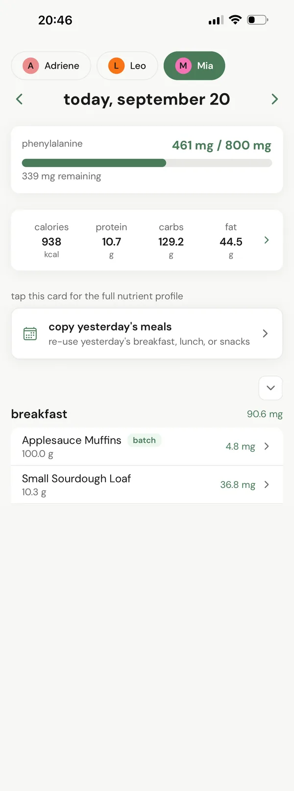 the today screen: phenylalanine 461 mg of an 800 mg daily allowance, 339 mg remaining, with calories, protein, carbs and fat, and breakfast logged underneath.