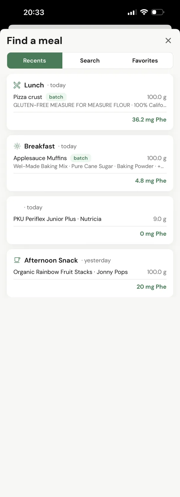find a meal, recents tab: today's lunch and breakfast and yesterday's snack, each with its phe total.