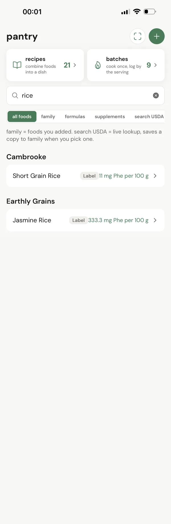 the pantry searched for rice: a low-protein short grain rice at 11 mg phe per 100 g above a jasmine rice at 333.3 mg, each tagged with where its numbers came from.