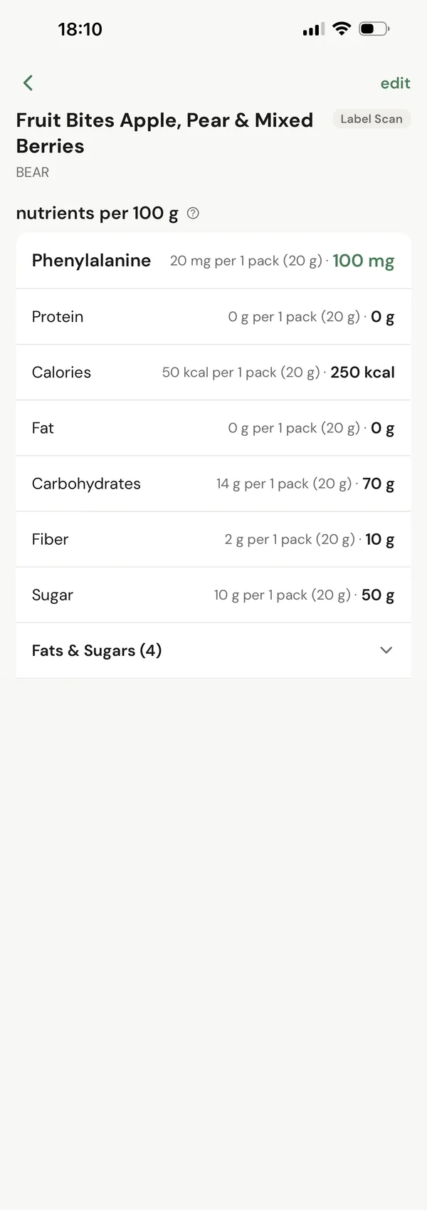 a scanned food, fruit bites, tagged label scan, with phenylalanine, protein, calories, fat, carbohydrates, fiber and sugar per pack and per 100 g.