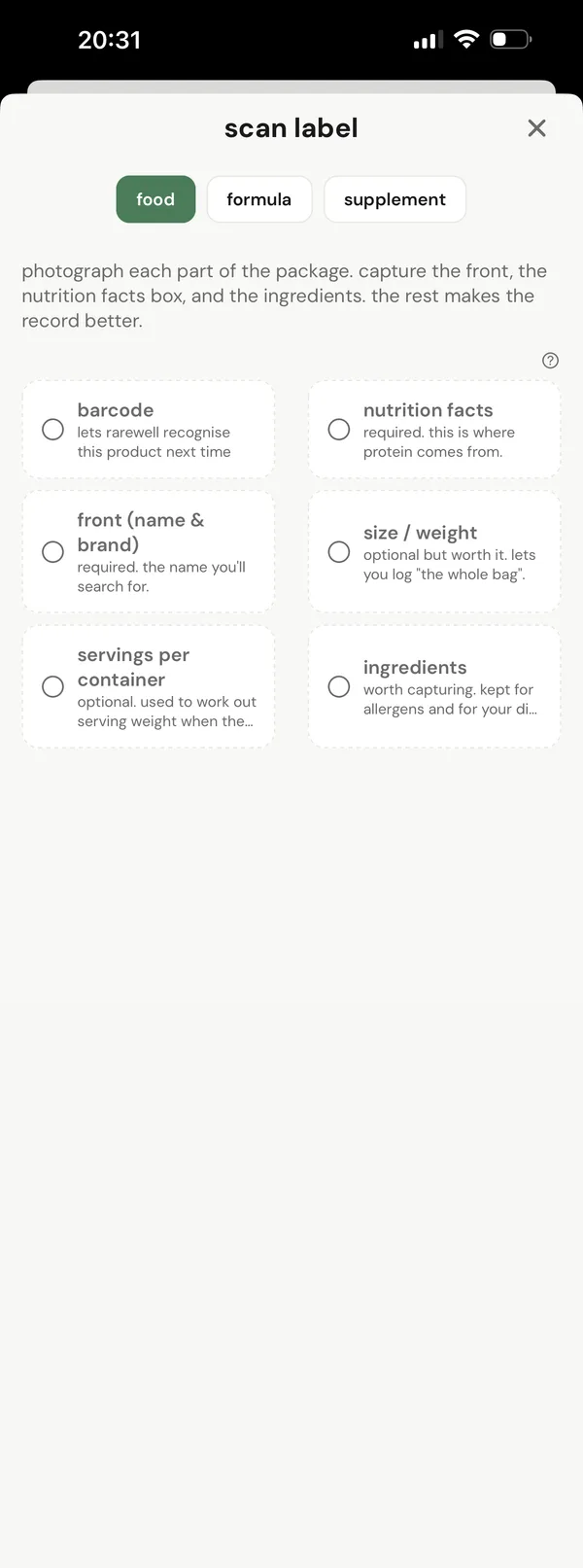 scan label: six parts of the package to photograph — barcode, nutrition facts, front, size, servings per container and ingredients.