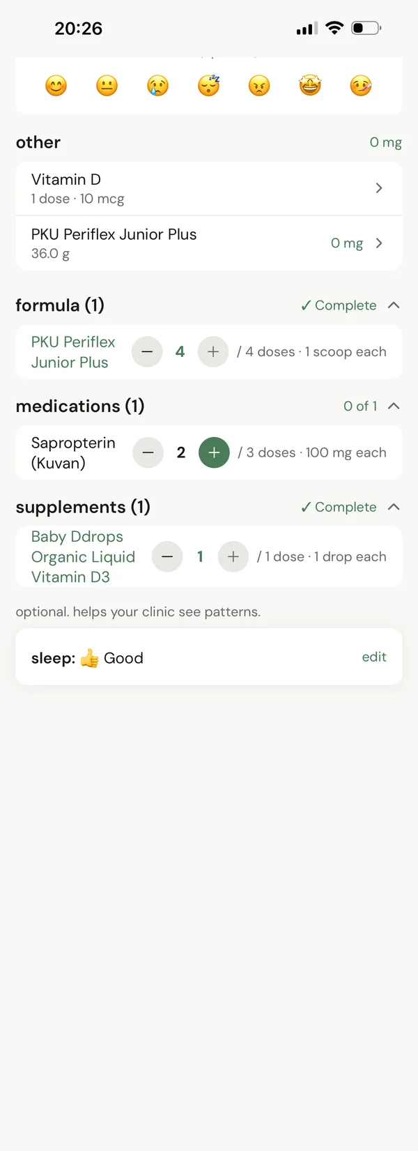 the today screen further down: formula 4 of 4 doses, a medication at 2 of 3 and a supplement at 1 of 1, each with minus and plus buttons, then sleep.