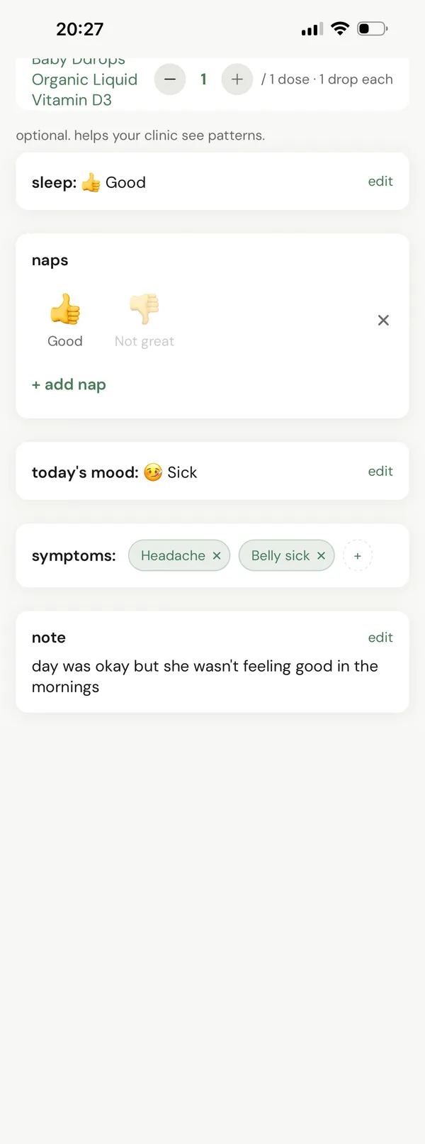 the day's wellness: sleep good, a nap, mood sick, symptoms headache and belly sick, and a short note.